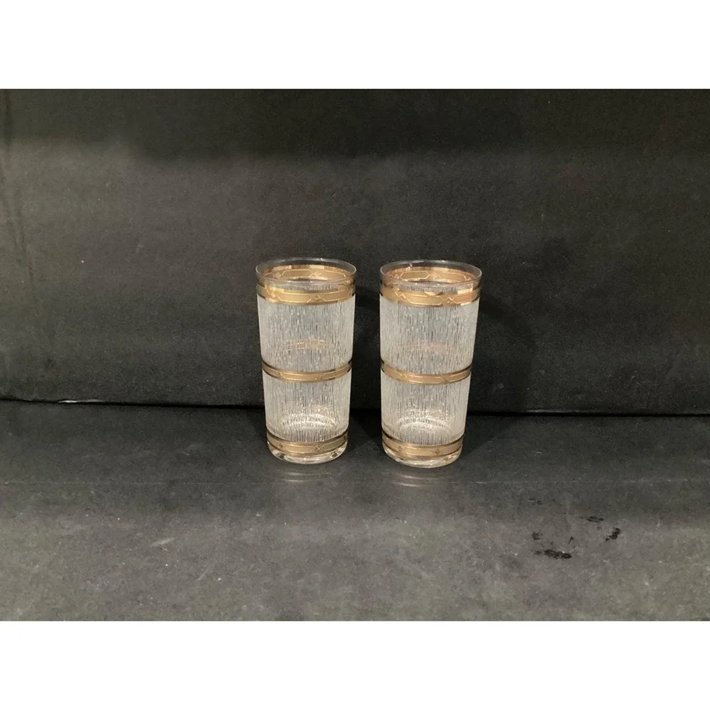 Vintage MCM Barware Culver‎ 22K Gold Icicle 5.5 in Highball Glass ~ Set of 2